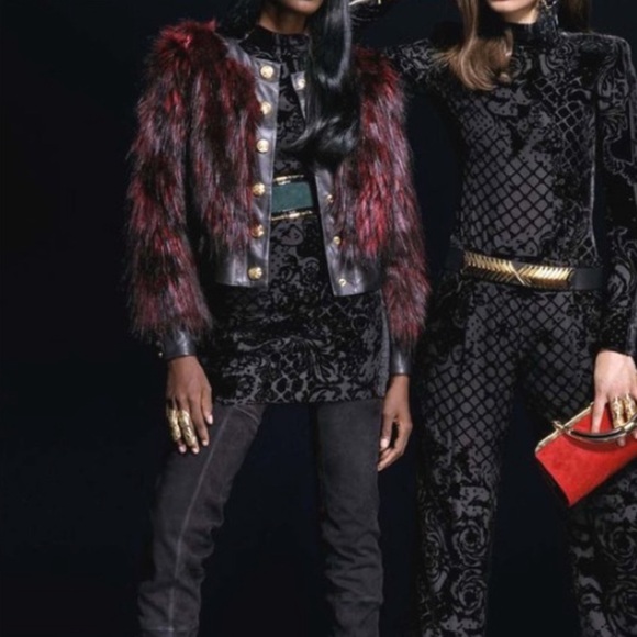 Balmain x H&M red and black faux fur and leather cropped coat with gold buttons - Picture 3 of 4